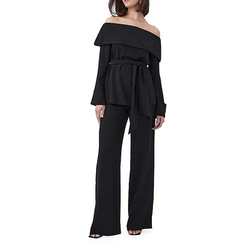 TRINA TURK Womens Lyndi Off-the-Shoulder Top Size 8 Black Long Sleeve Belted NWT