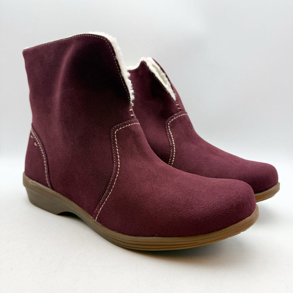Spenco Womens Sun Valley Ankle Boots Size 6.5 Red Burgundy Suede Sherpa Line NIB