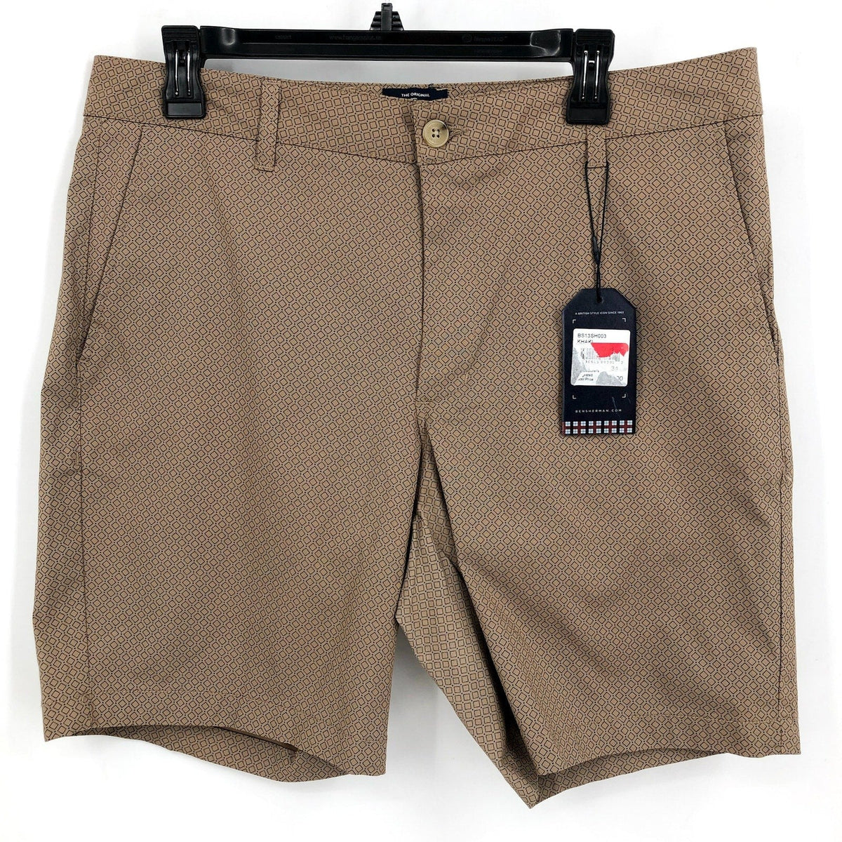 BEN SHERMAN Men's Printed Stretch Chino Shorts Size 34 Khaki Tan Flat Front NWT