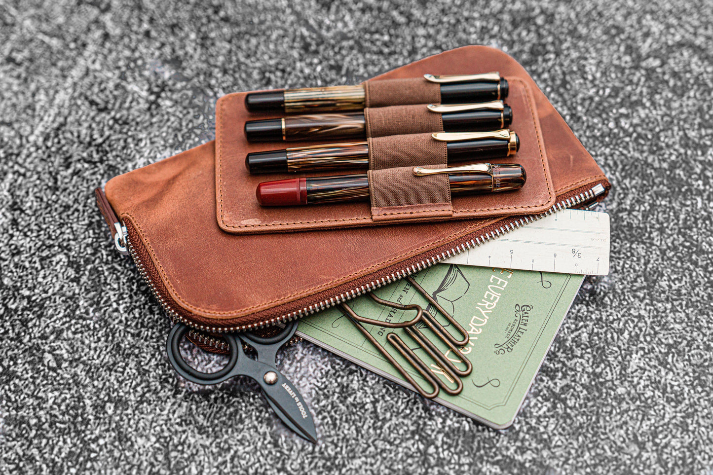 Leather Slip-N-Zip 4 Slots Zippered Pen Pouch - C.H. Tan