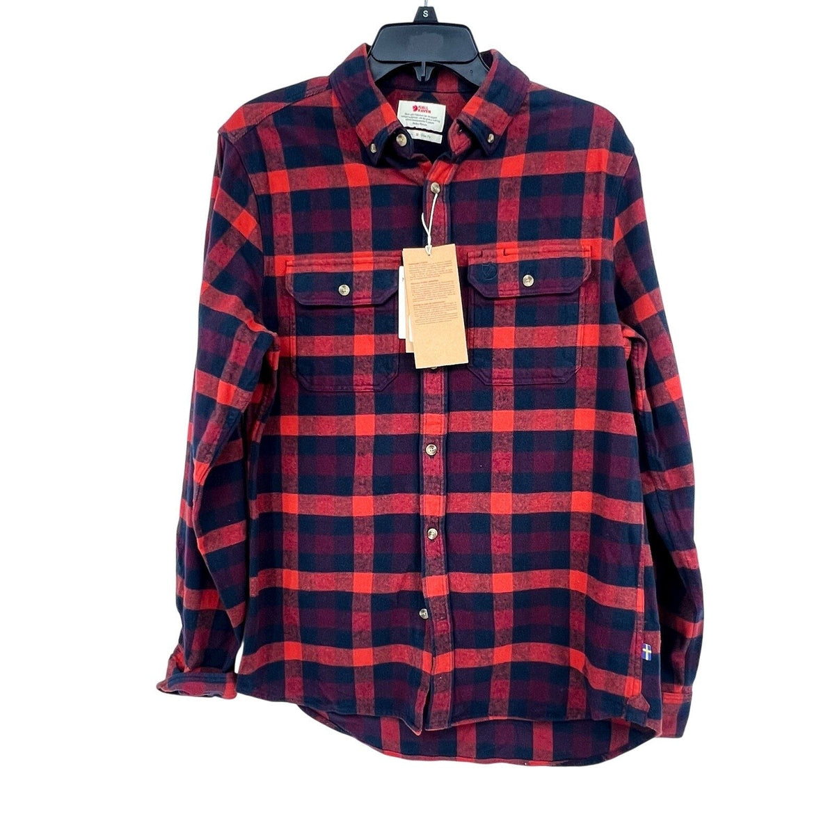 FJALLRAVEN Men's Skog Flannel Shirt Medium Slim Fit Navy Blue Red Plaid NWT