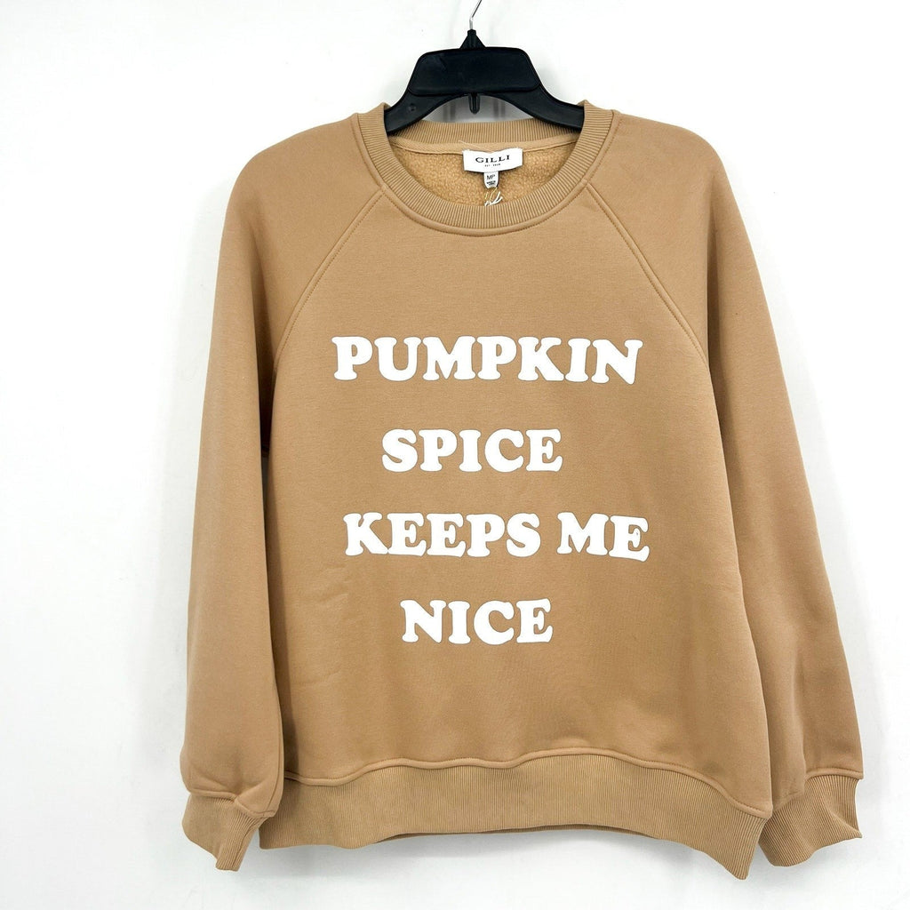 GILLI Pumpkin Spice Keeps Me Nice Crew Sweatshirt Medium Petite Tan NWT