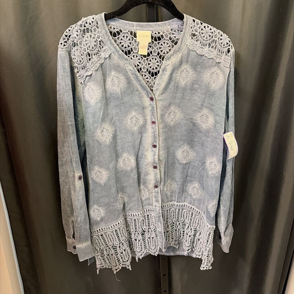 Chicos Sheer & Lace Emblem Button Up TOPS 0
