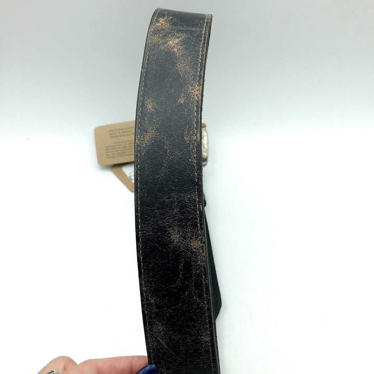BED STU Men's Distressed Leather Meander Belt Size 28 Black Lux Metal Buckle NWT