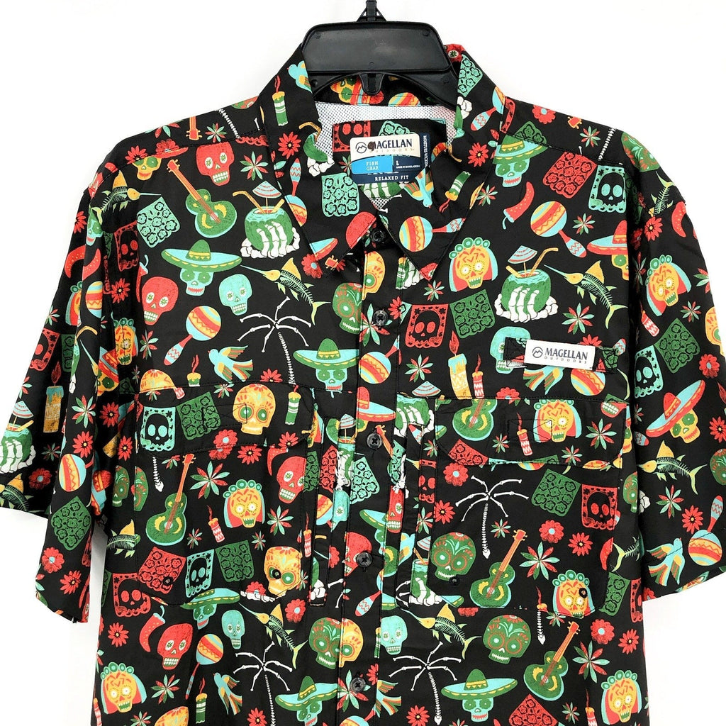 MAGELLAN Dia De Los Muertos Print Short Sleeve Fishing Shirt Small Black NWOT