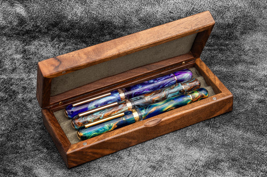 Wooden Pen Display Case with Lid - Burl Walnut