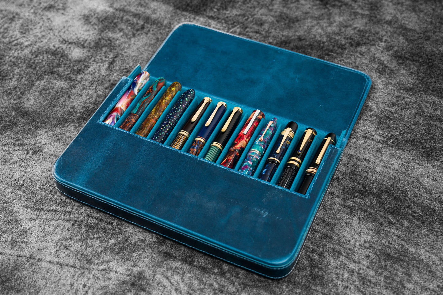 Leather Magnum Opus 12 Slots Hard Pen Case with Removable Pen Tray - C.H. Ocean Blue