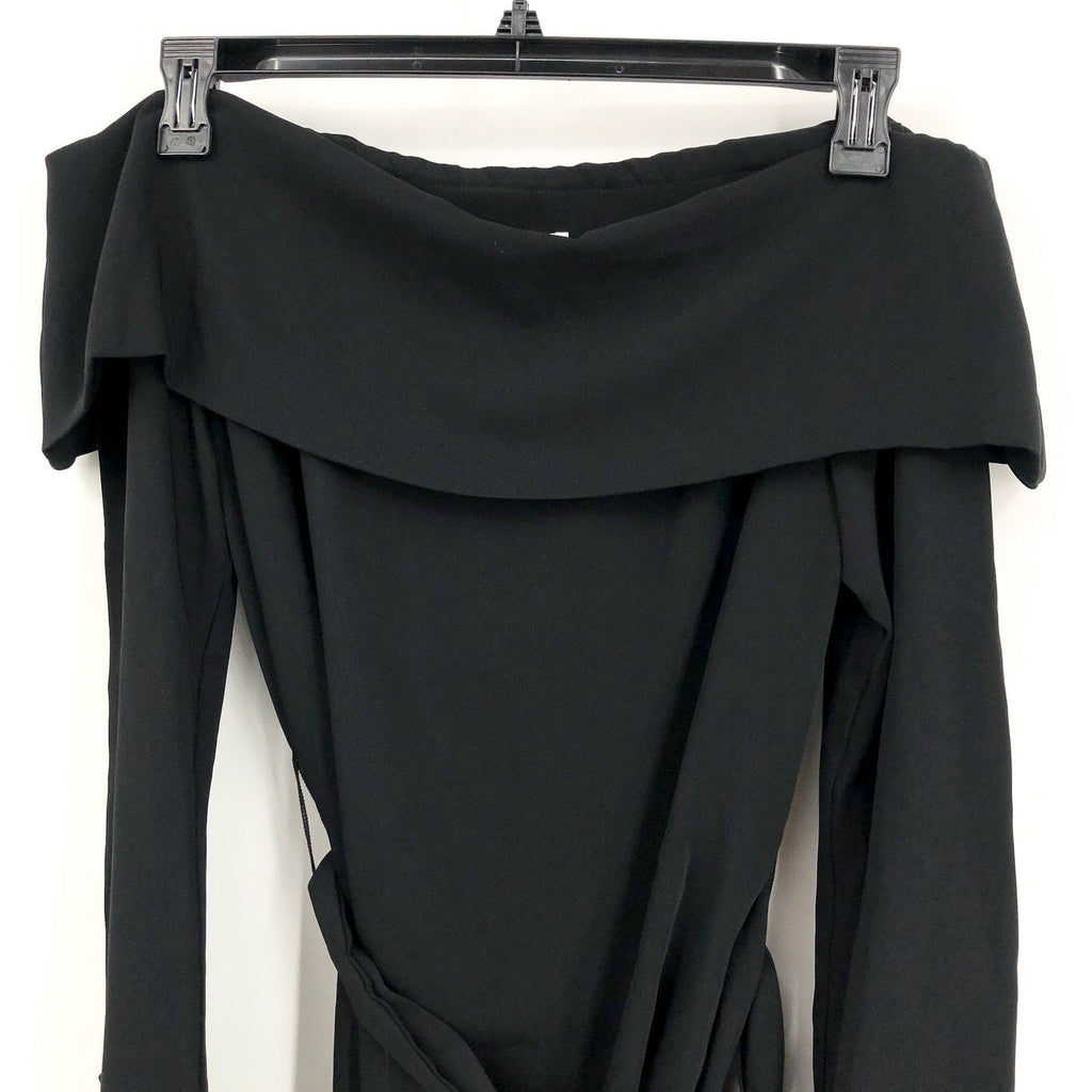 TRINA TURK Womens Lyndi Off-the-Shoulder Top Size 8 Black Long Sleeve Belted NWT