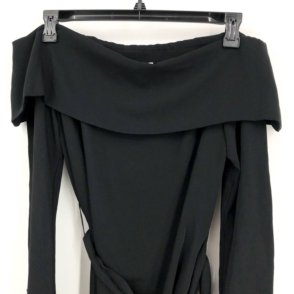TRINA TURK Womens Lyndi Off-the-Shoulder Top Size 8 Black Long Sleeve Belted NWT