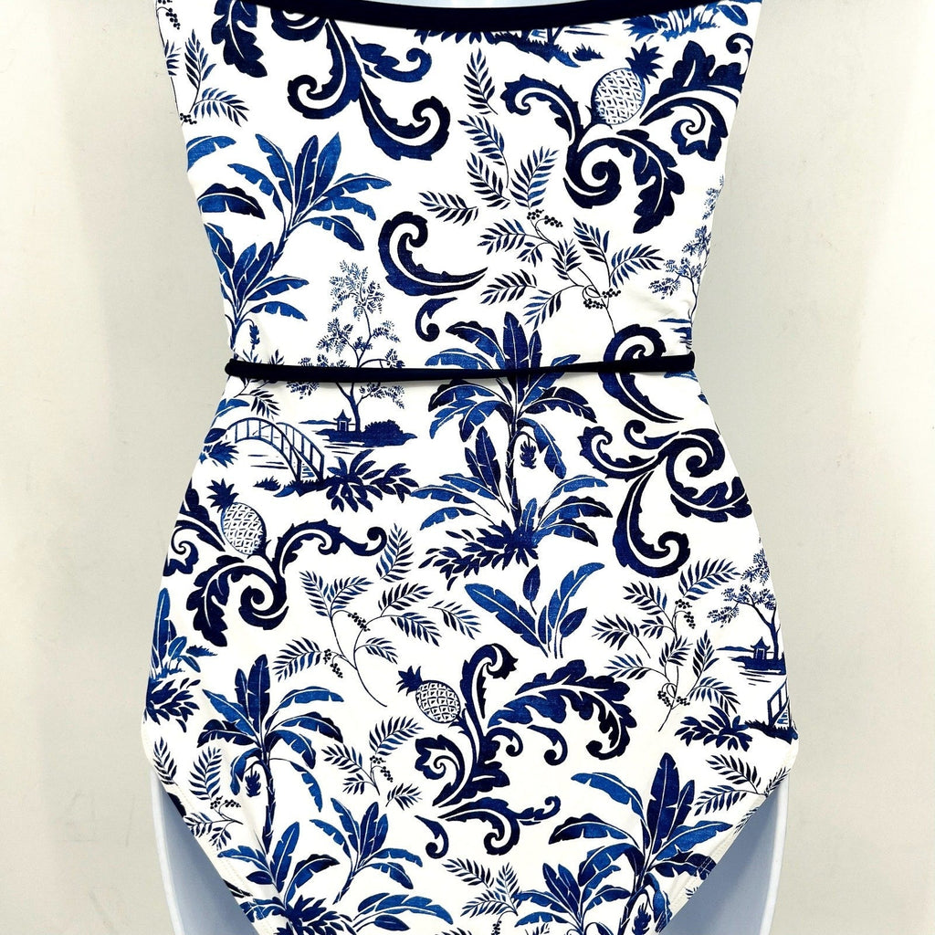 TOMMY BAHAMA Terrazzo Tile Bandeau One Piece Swimsuit Size 4 Blue Floral NWT