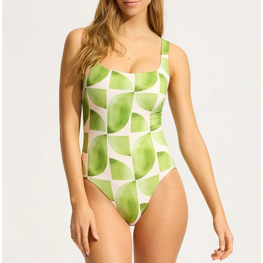 Seafolly Women's Sunray One Piece Swimsuit Size 14 DD Sage Green Geometric NWT