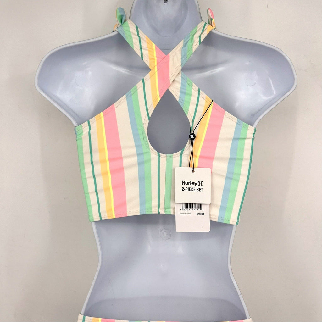 HURLEY Girl's Crossback Tankini 2-Piece Bikini Set Size 8 Pastel Striped NWT