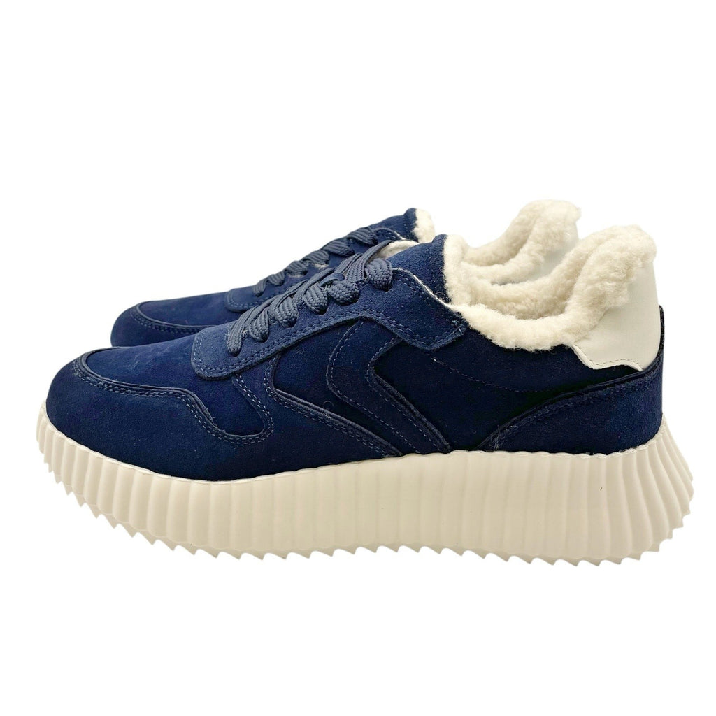 Steve Madden Womens Shereen-Fur Lined Sneakers Size 7.5 Navy Blue Suede NIB