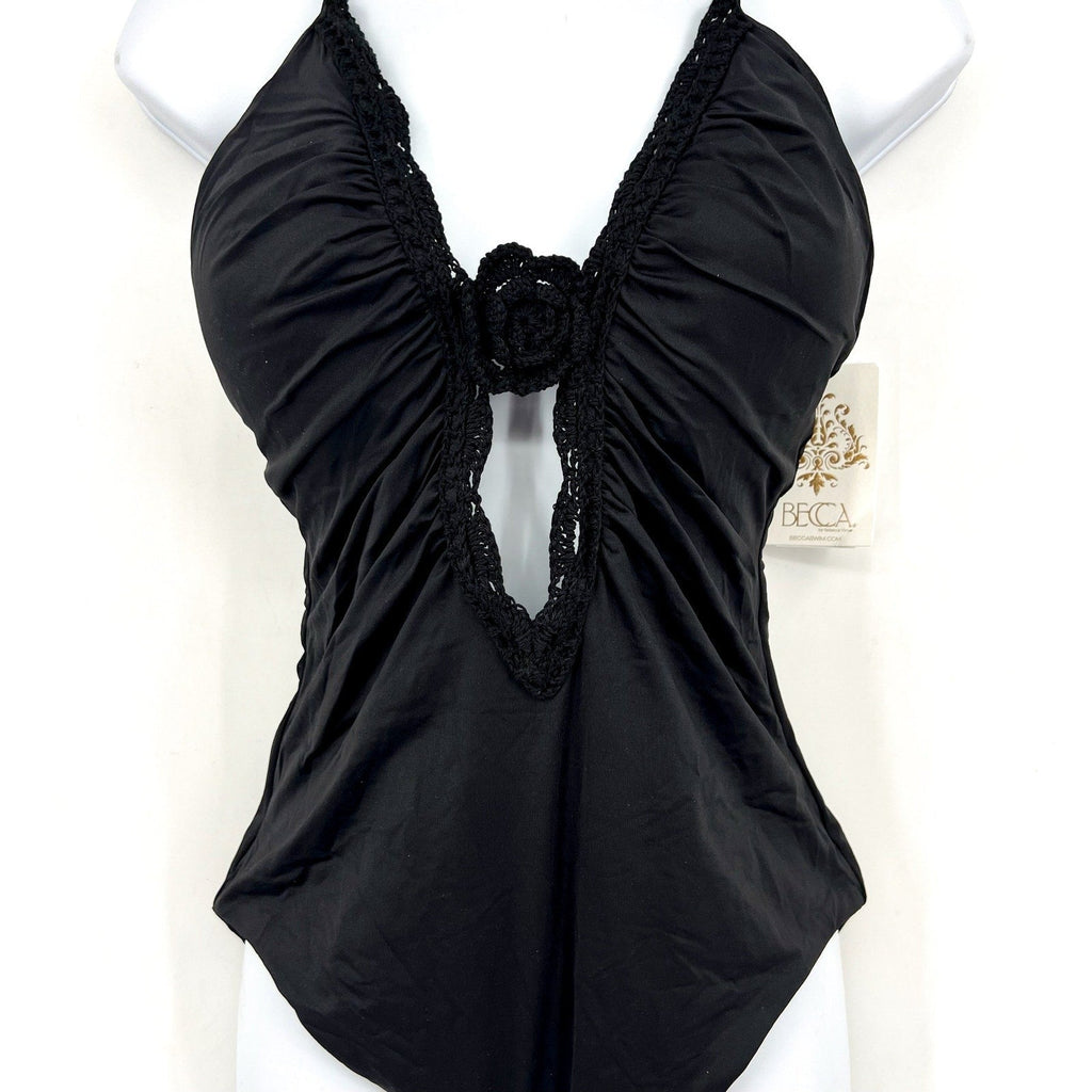 BECCA Colette Clare Plunge One Piece Swimsuit Medium Black Crochet Flower NWT