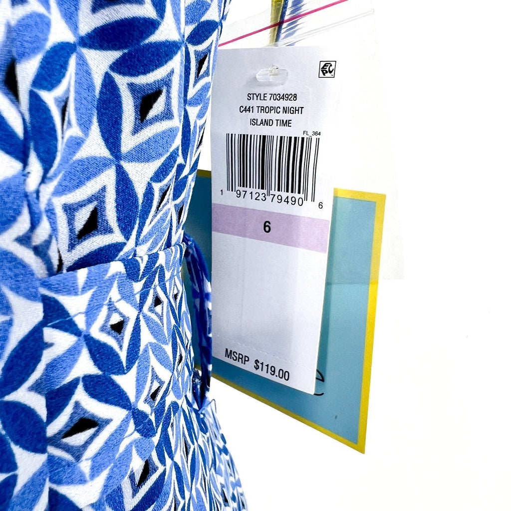 CECE Midi Shirt Dress Size 6 Blue Print Sleeveless V-Neck Belted Waist NWT