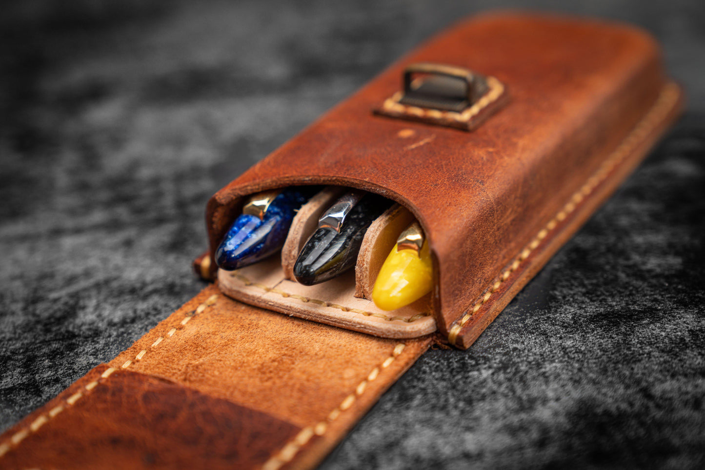 The Old School - Leather Molded Pen Case for 3 Pens - Distressed Leather