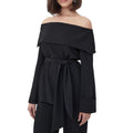 TRINA TURK Womens Lyndi Off-the-Shoulder Top Size 8 Black Long Sleeve Belted NWT