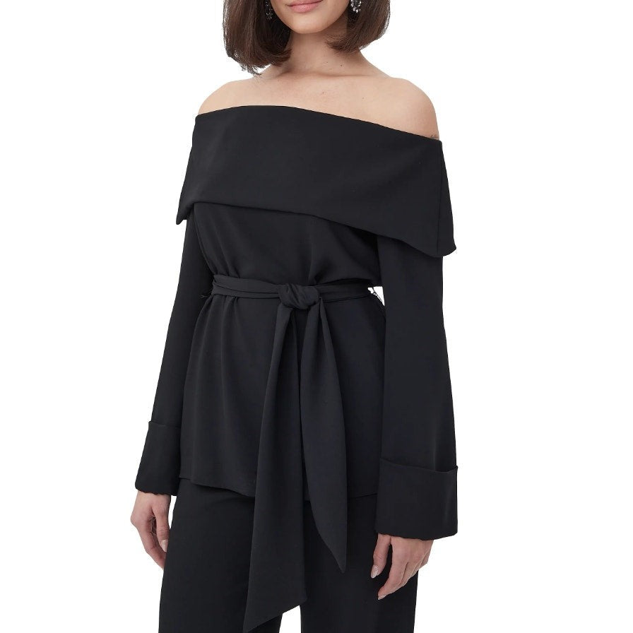 TRINA TURK Womens Lyndi Off-the-Shoulder Top Size 8 Black Long Sleeve Belted NWT