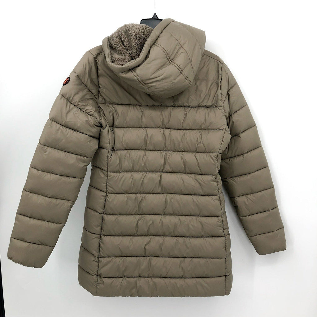 SAVE THE DUCK Joanne Hooded Longline Puffer Jacket Large Size 12 Grey Taupe NWT