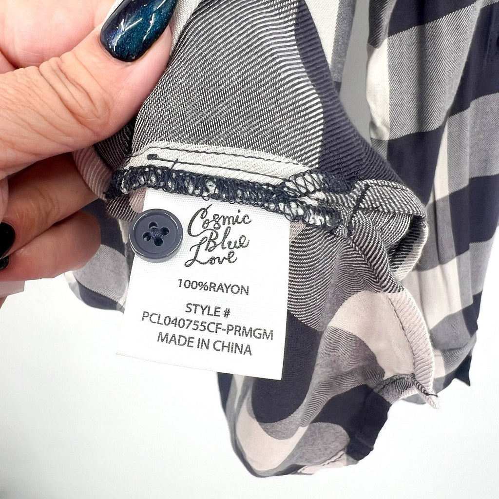 STITCH FIX COSMIC BLUE LOVE Popover Top Shirt Medium Grey White Check NWT
