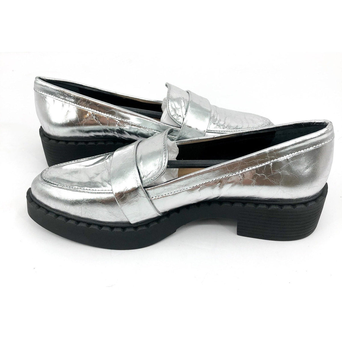 VINCE CAMUTO Women's Echika Loafers Size 6 Silver Leather Block Heel Penny NWOB