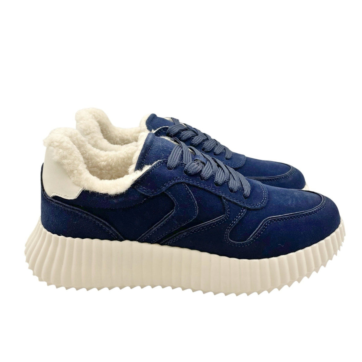 Steve Madden Womens Shereen-Fur Lined Sneakers Size 7.5 Navy Blue Suede NIB