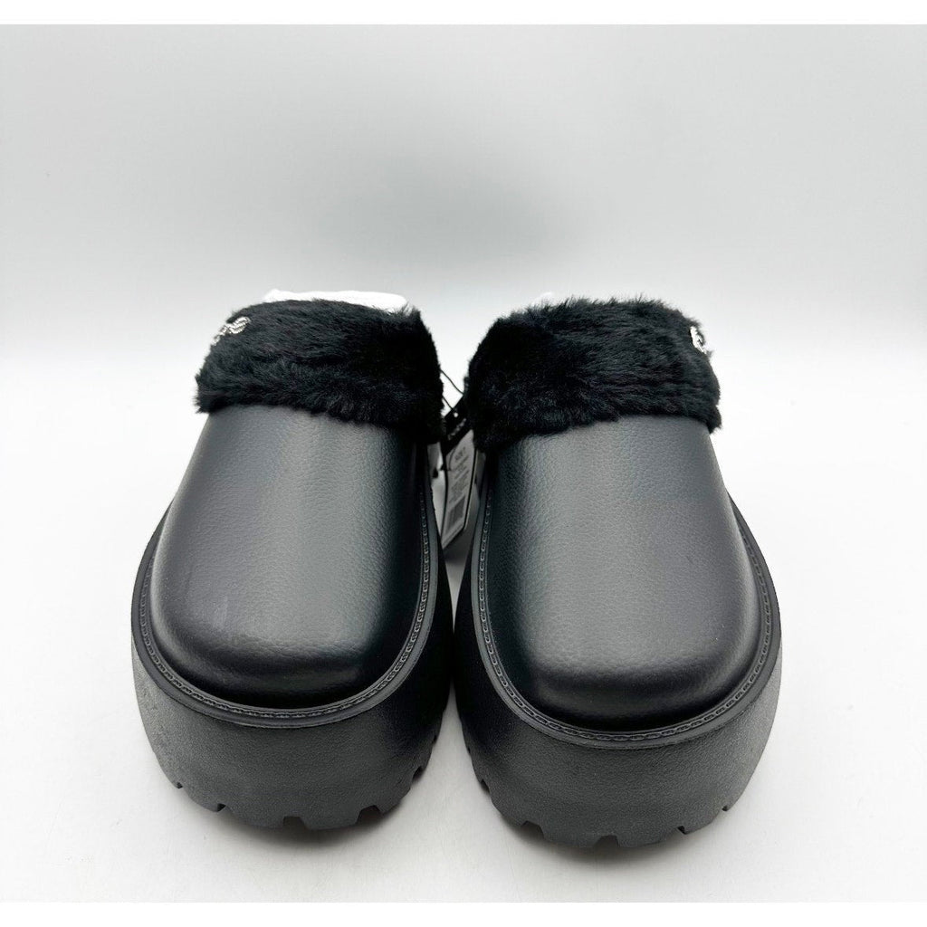 BEBE Women's Platform Slides Size 7 Black Faux Fur Collar Rhinestone Logo NWOB