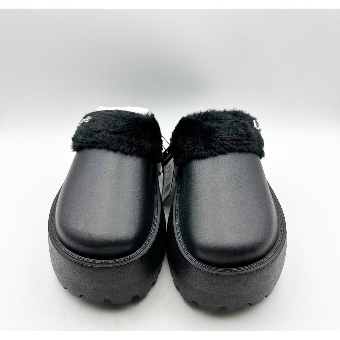 BEBE Women's Platform Slides Size 7 Black Faux Fur Collar Rhinestone Logo NWOB