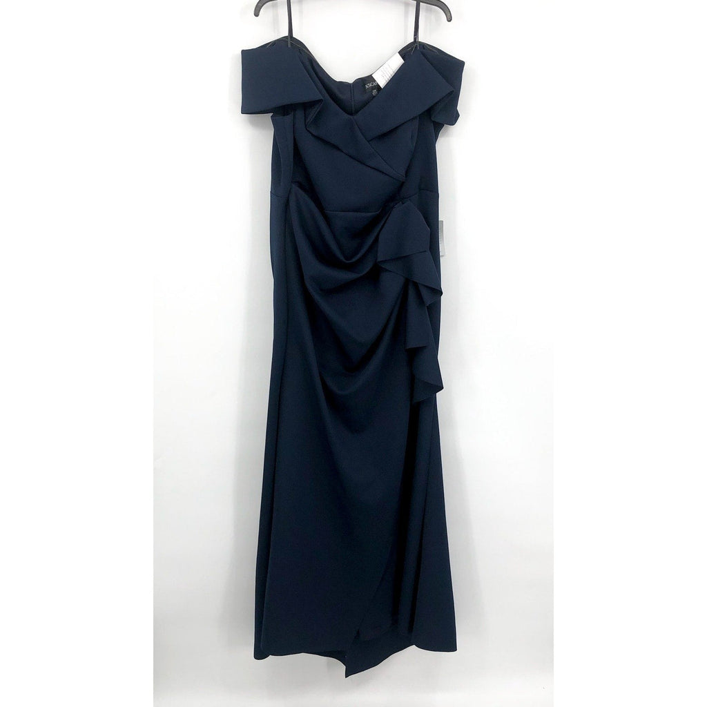 XSCAPE Patti Off the Shoulder Scuba Crepe Dress SIZE 14 Blue Midnight Gown NWT