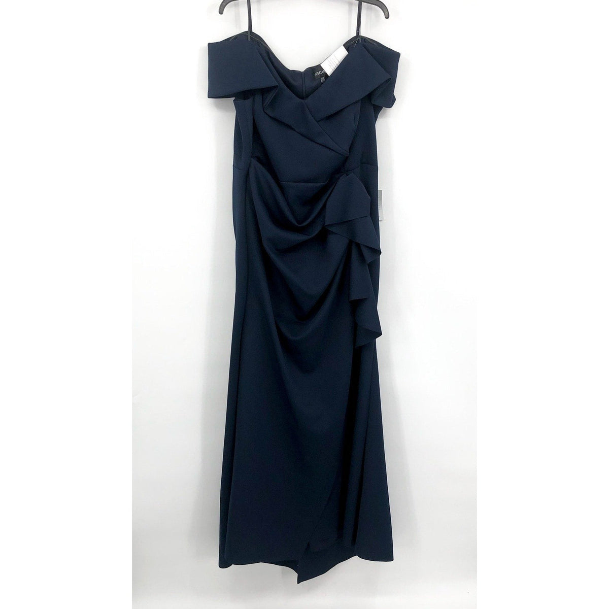 XSCAPE Patti Off the Shoulder Scuba Crepe Dress SIZE 14 Blue Midnight Gown NWT