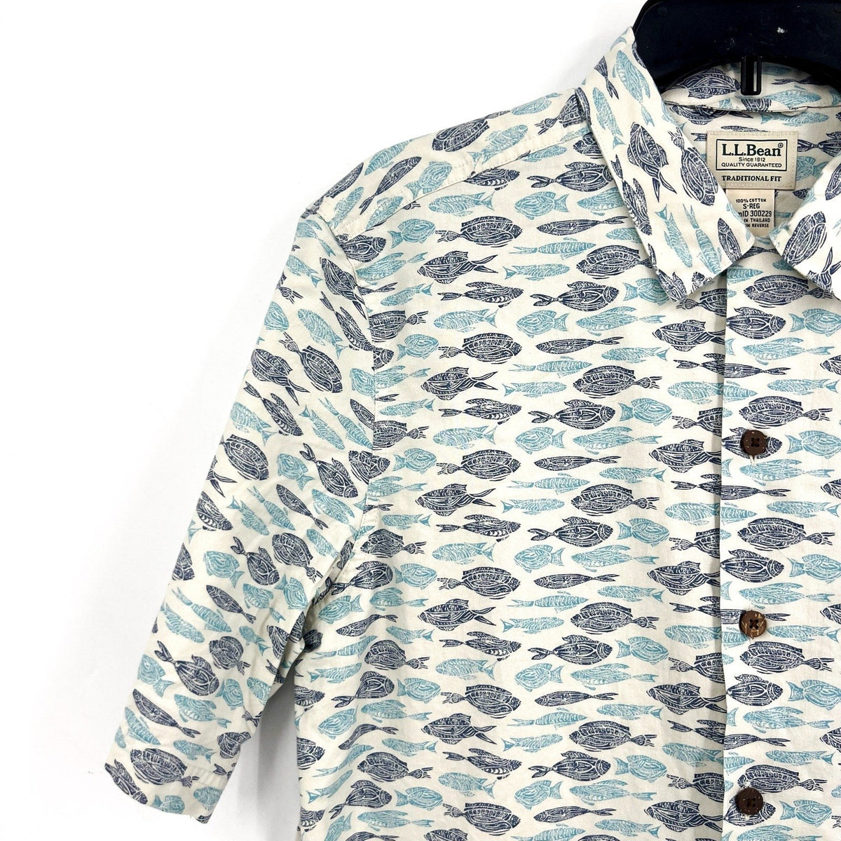 L.L. BEAN Mens Short-Sleeve Tropics Print Shirt Small White Blue Cotton NWT
