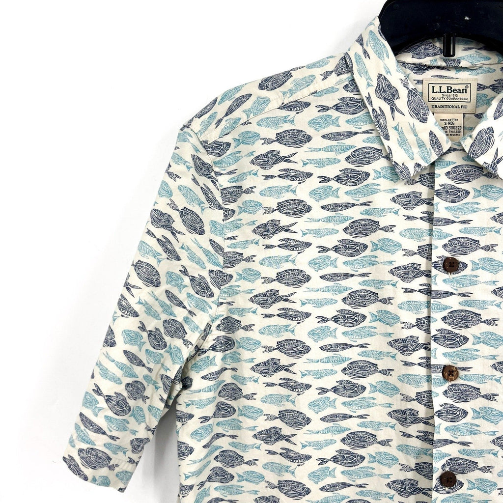 L.L. BEAN Mens Short-Sleeve Tropics Print Shirt Small White Blue Cotton NWT