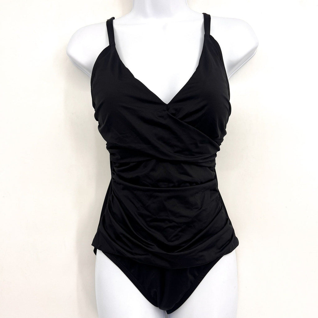 TOMMY BAHAMA Pearl V-Neck One Piece Swimsuit Size 6 Black Solid Cross Front NWT