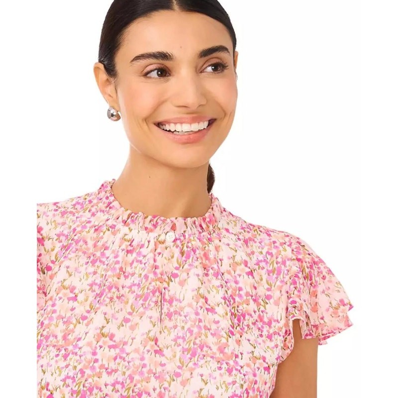 CECE Women's Ruffled Blouse XS Pink Floral Keyhole-Neck Flutter-Sleeve NWT