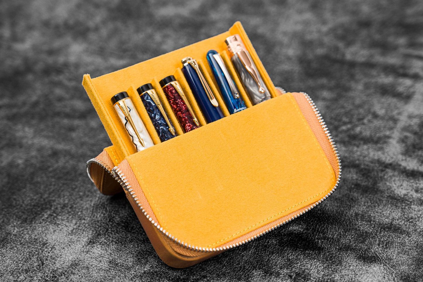 Leather Zippered Magnum Opus 6 Slots Hard Pen Case with Removable Pen Tray - Crazy Horse Honey Ochre