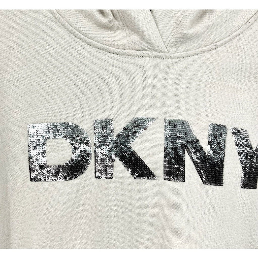 DKNY Women's Sequin Fleece Hoodie Large Taupe Tan Pullover Sweatshirt NWT