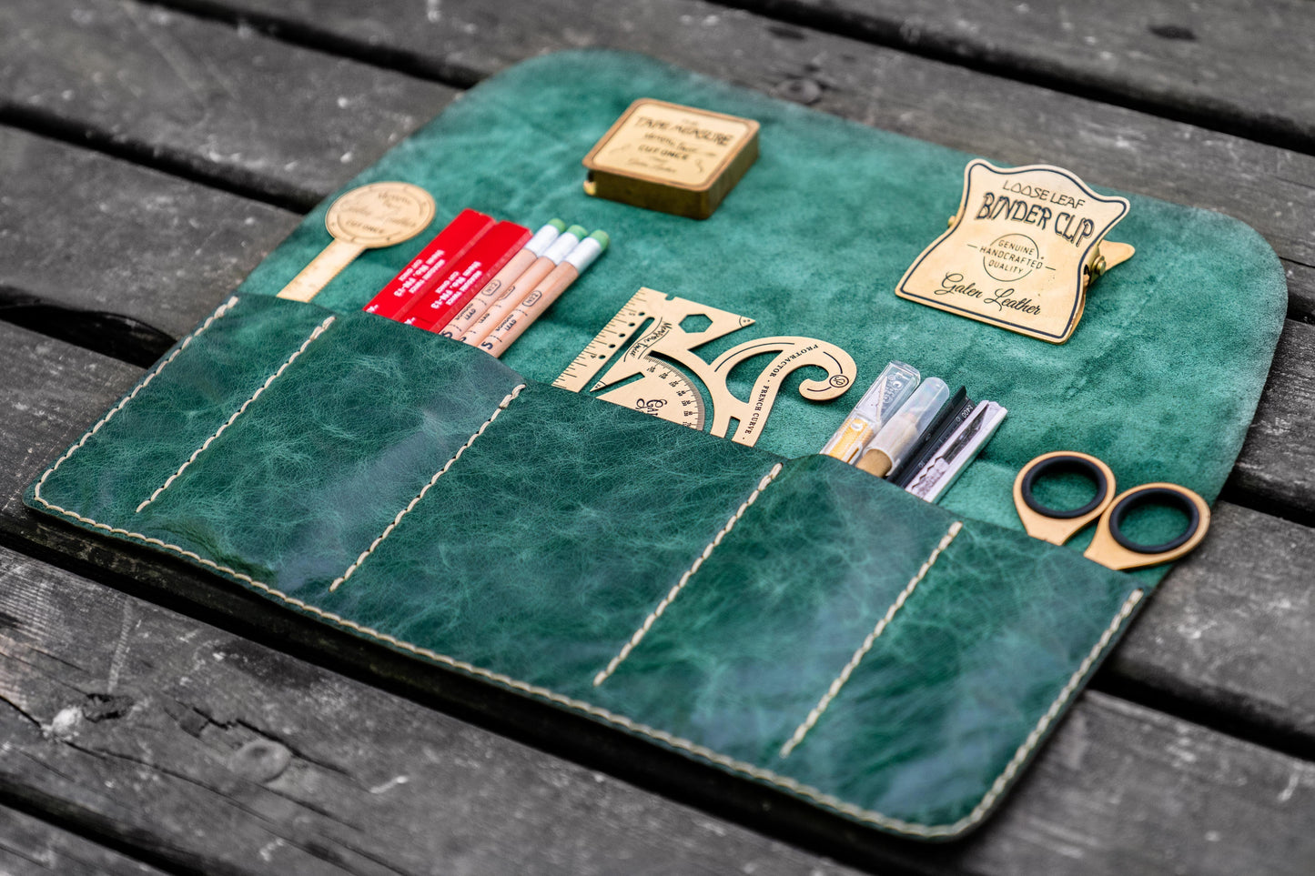 Personalized Leather Pen Roll - Rustic Green
