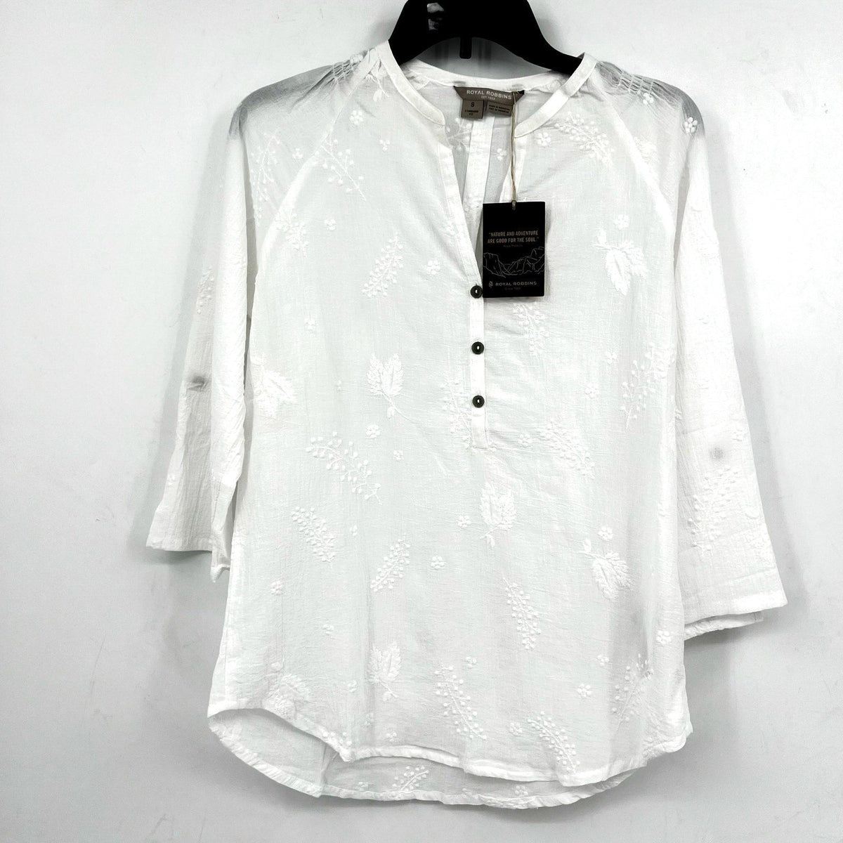 ROYAL ROBBINS Women's Oasis Tunic II Top Small White Embroidered 3/4 Sleeve NWT