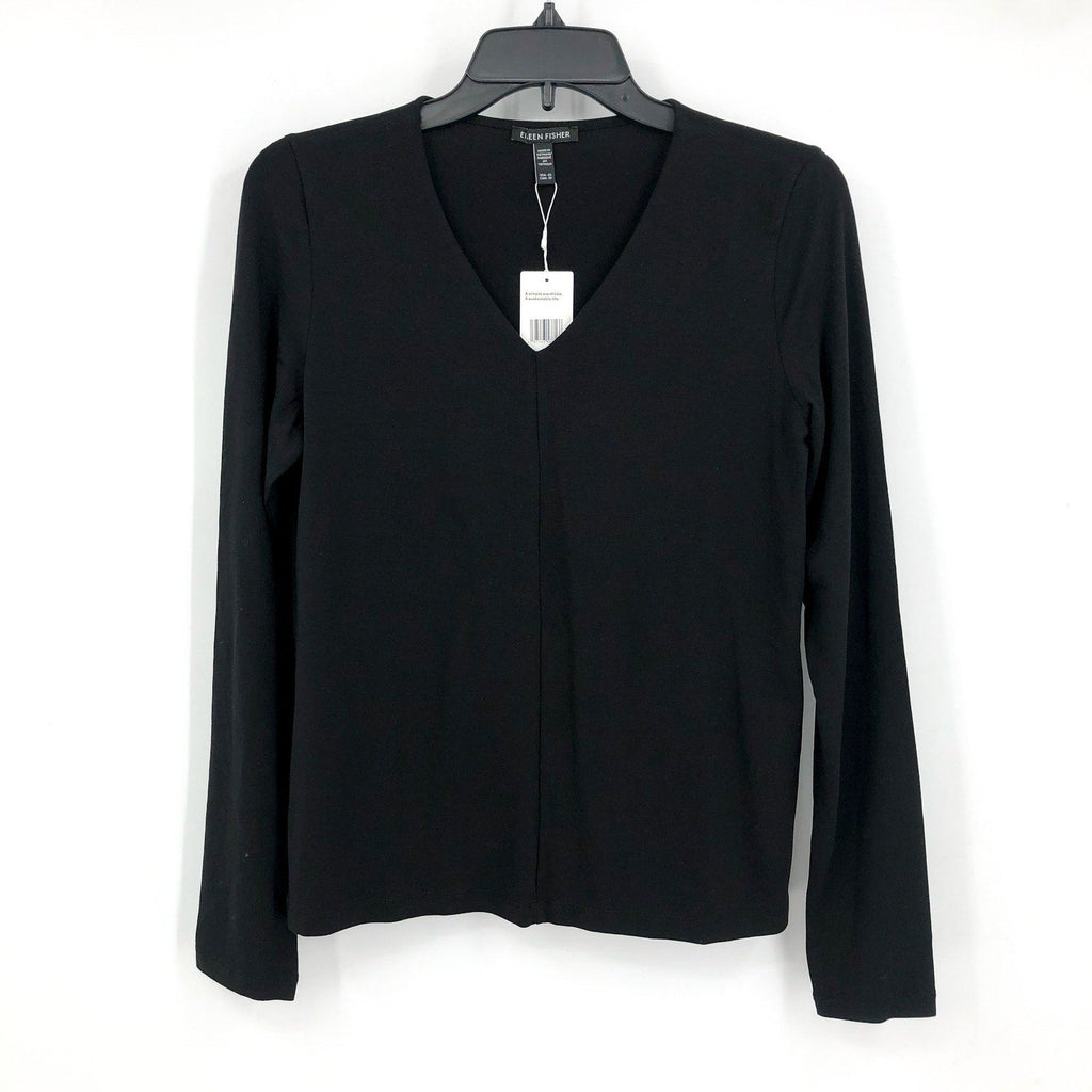 EILEEN FISHER Women's Fine Jersey Long Sleeve V-Neck Top XS Black Slim Fit NWT