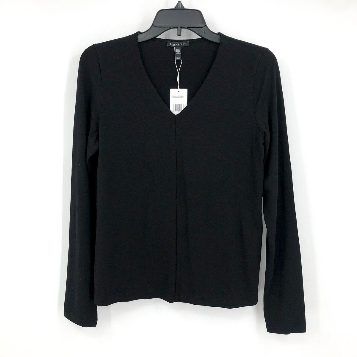 EILEEN FISHER Women's Fine Jersey Long Sleeve V-Neck Top XS Black Slim Fit NWT