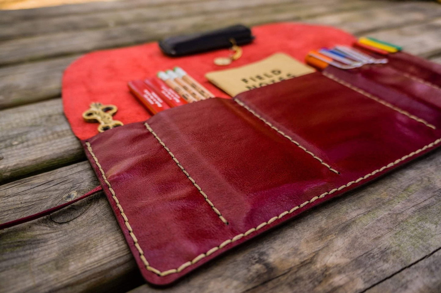 Personalized Leather Pen Roll - Red