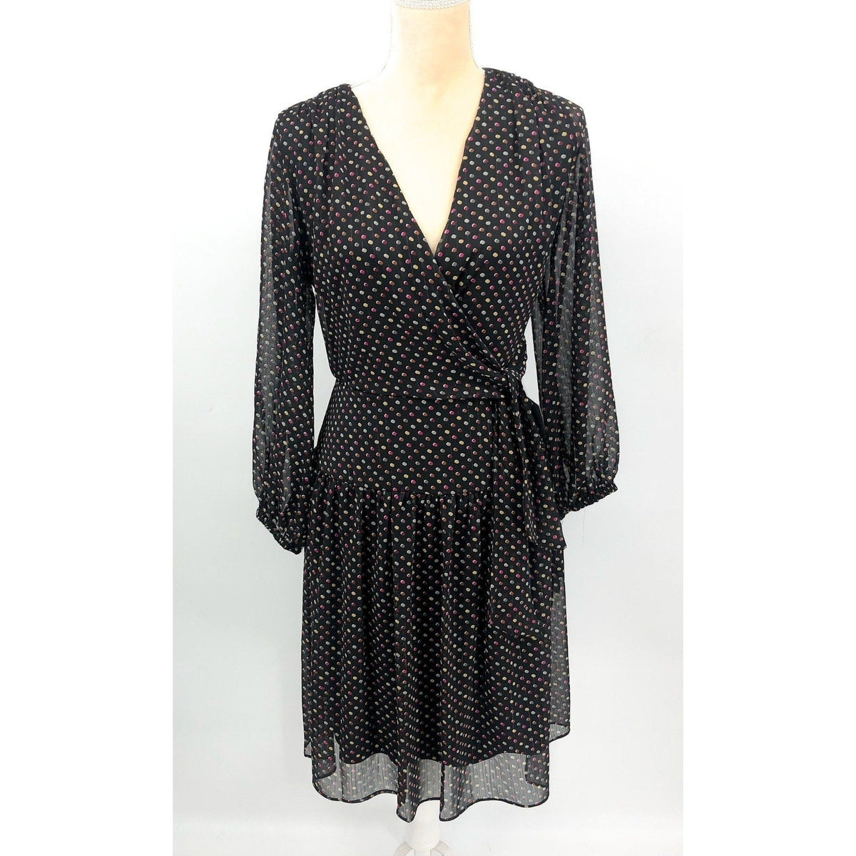 SIGNATURE BY ROBBIE BEE Faux Wrap Dress 10 Black Multi Polka Dot 3/4 Sleeve NWT