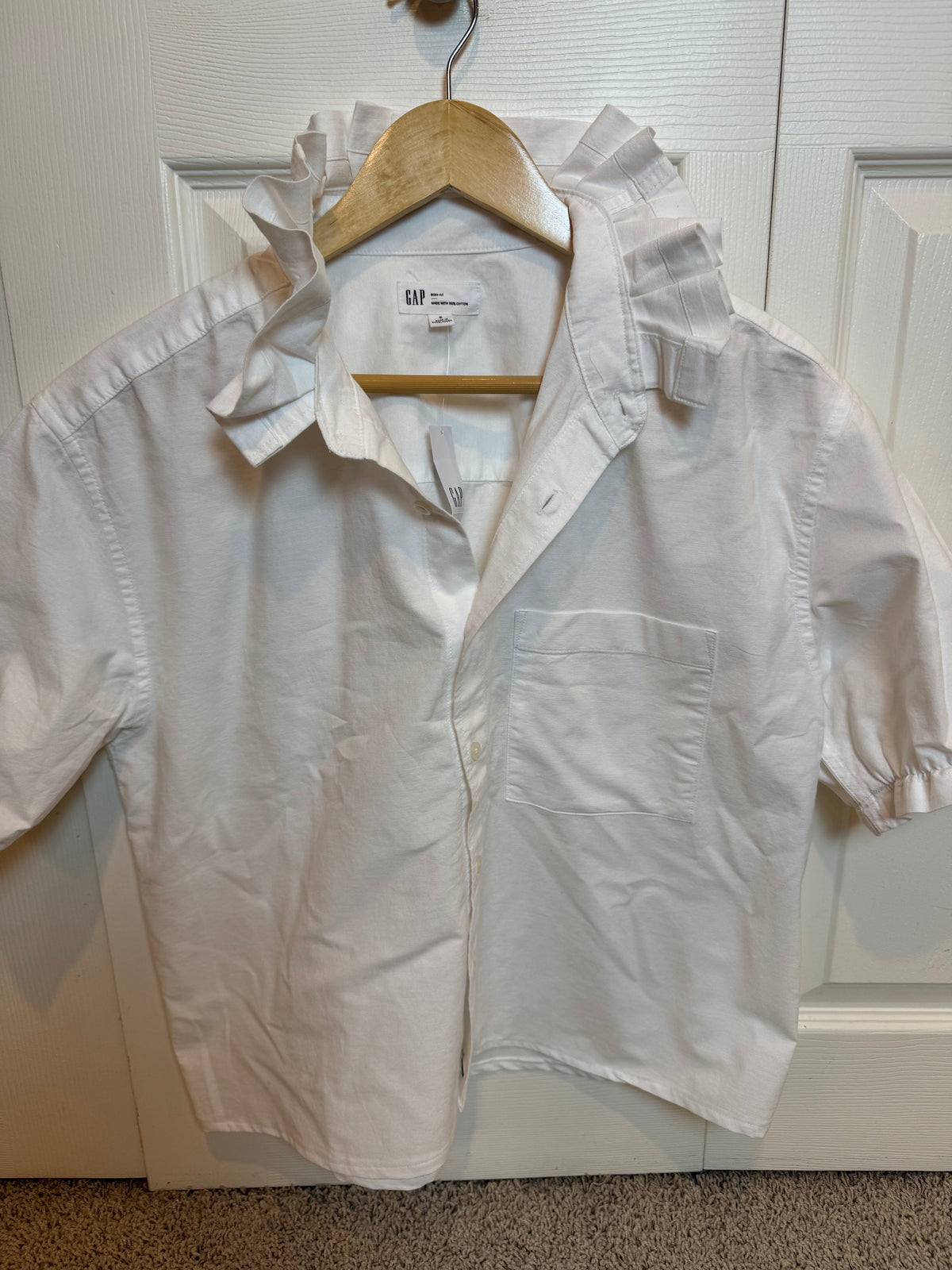 Marcela - Gap Brand New Mens Ruffle Collar Shirt - Short Sleeve - White Cotton/Linen Blend
