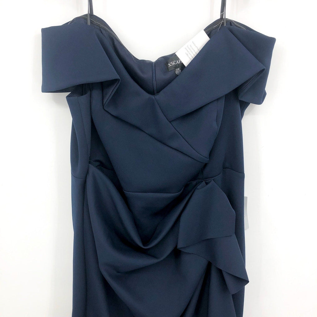 XSCAPE Patti Off the Shoulder Scuba Crepe Dress SIZE 14 Blue Midnight Gown NWT