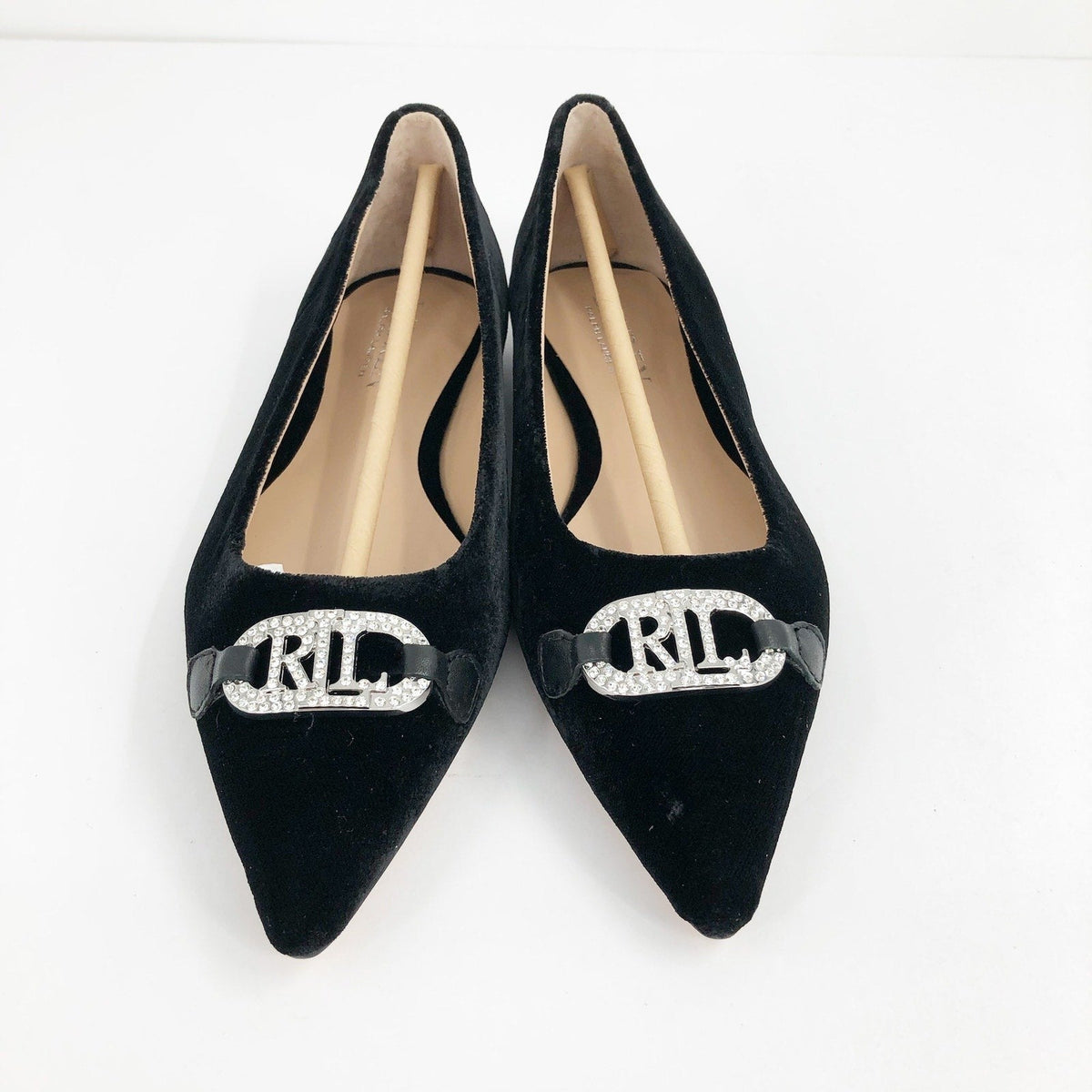 LAUREN RALPH LAUREN Lilah Velvet Ballet Flat Size 6 Black Pointed Toe Logo NWOB