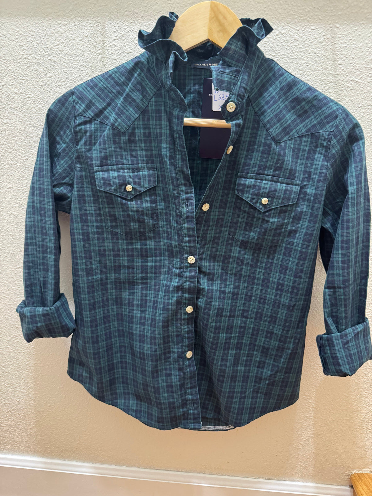 Mini Brandy Drop - Brand New Brandy Melville - Blue and Green Plaid Long Sleeves - XS