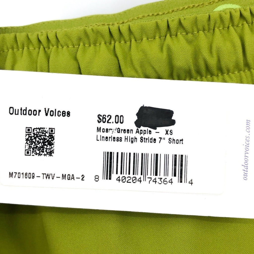 OUTDOOR VOICES Men's Linerless High Stride 7" Shorts XS Mossy Green Apple