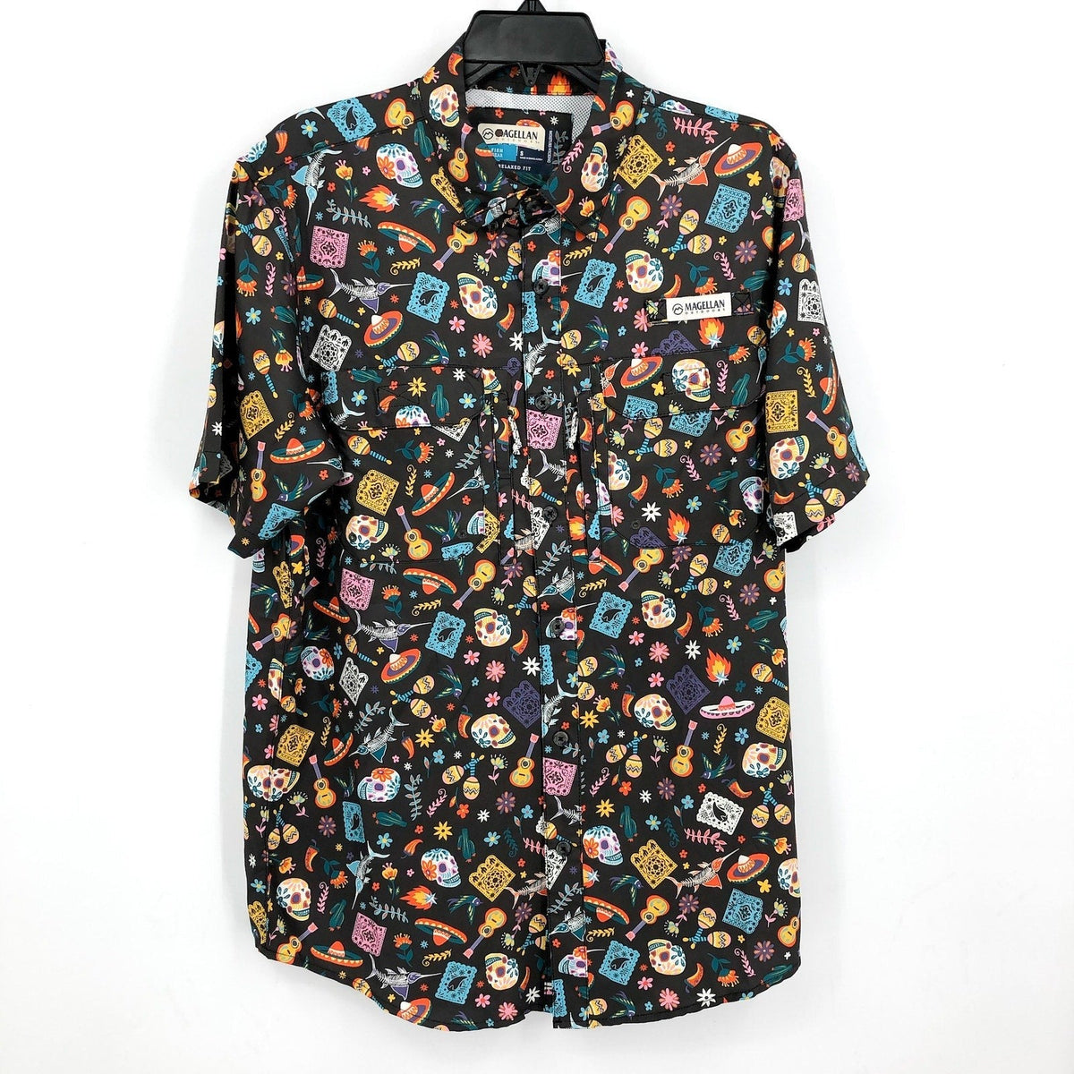MAGELLAN Mens Dia De Los Muertos Short Sleeve Fishing Shirt Small Black NWOT