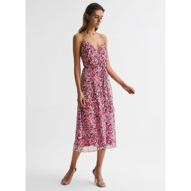 REISS Women's Pippa Floral Printed Midi Dress Size 12 Pink Sleeveless NWT