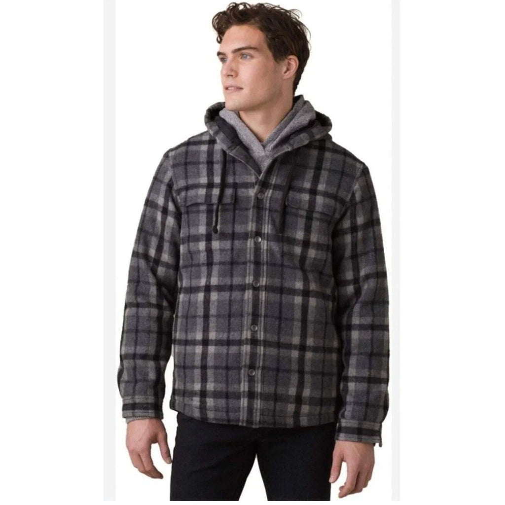 PRANA Men's Asgard Hooded Flannel Shirt Jacket XXL Gray Charcoal Plaid NWT